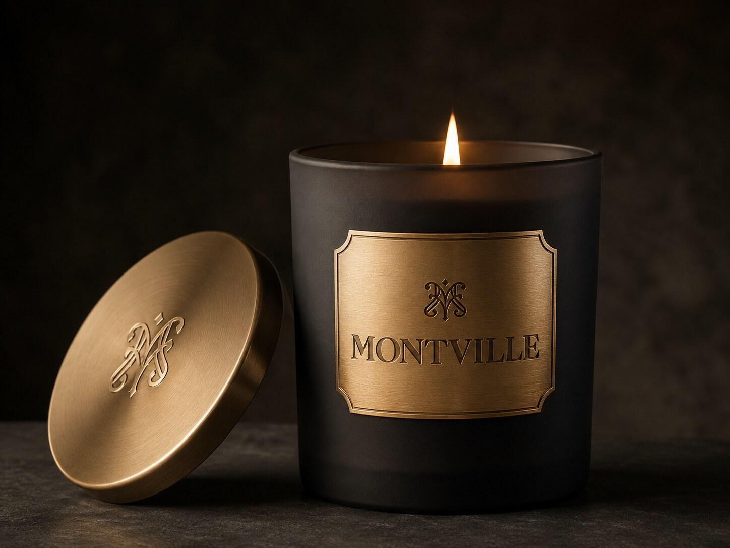 A lit Montville candle in a matte black vessel with a brass plaque, its brass lid resting beside it.