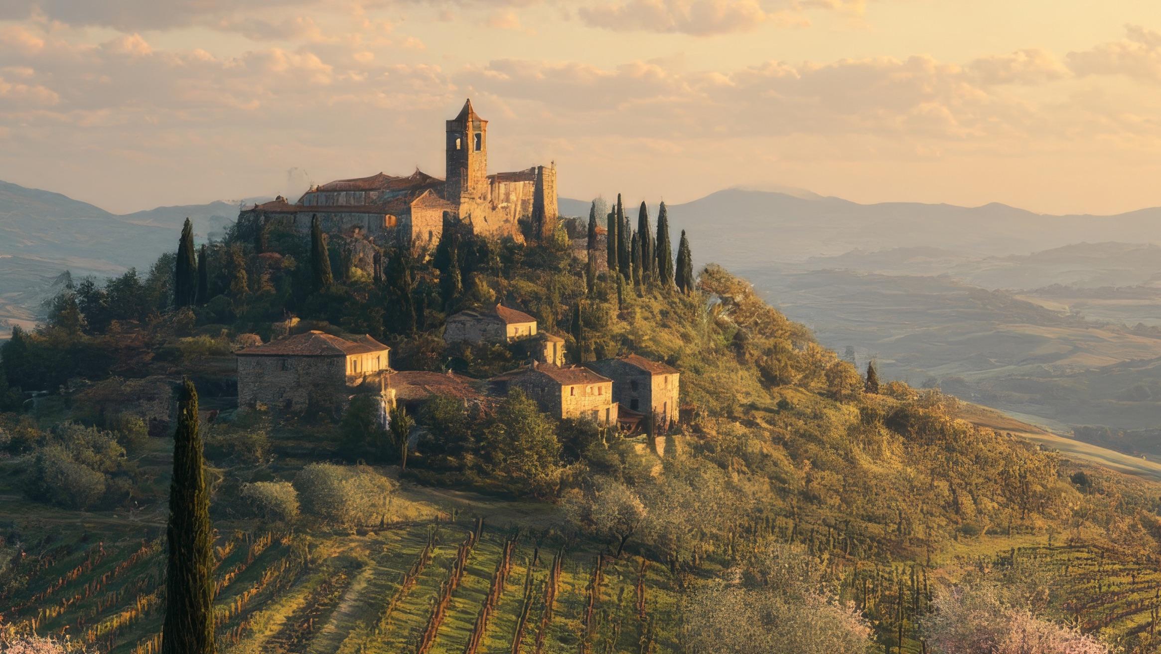 The Montville estate on its hilltop above terraced vineyards at golden hour.