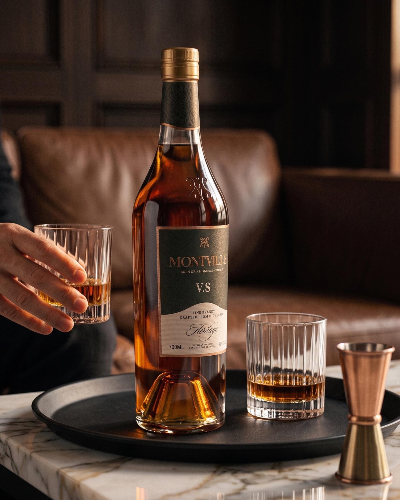 Montville V.S served on a marble tray with a cut-crystal tumbler.