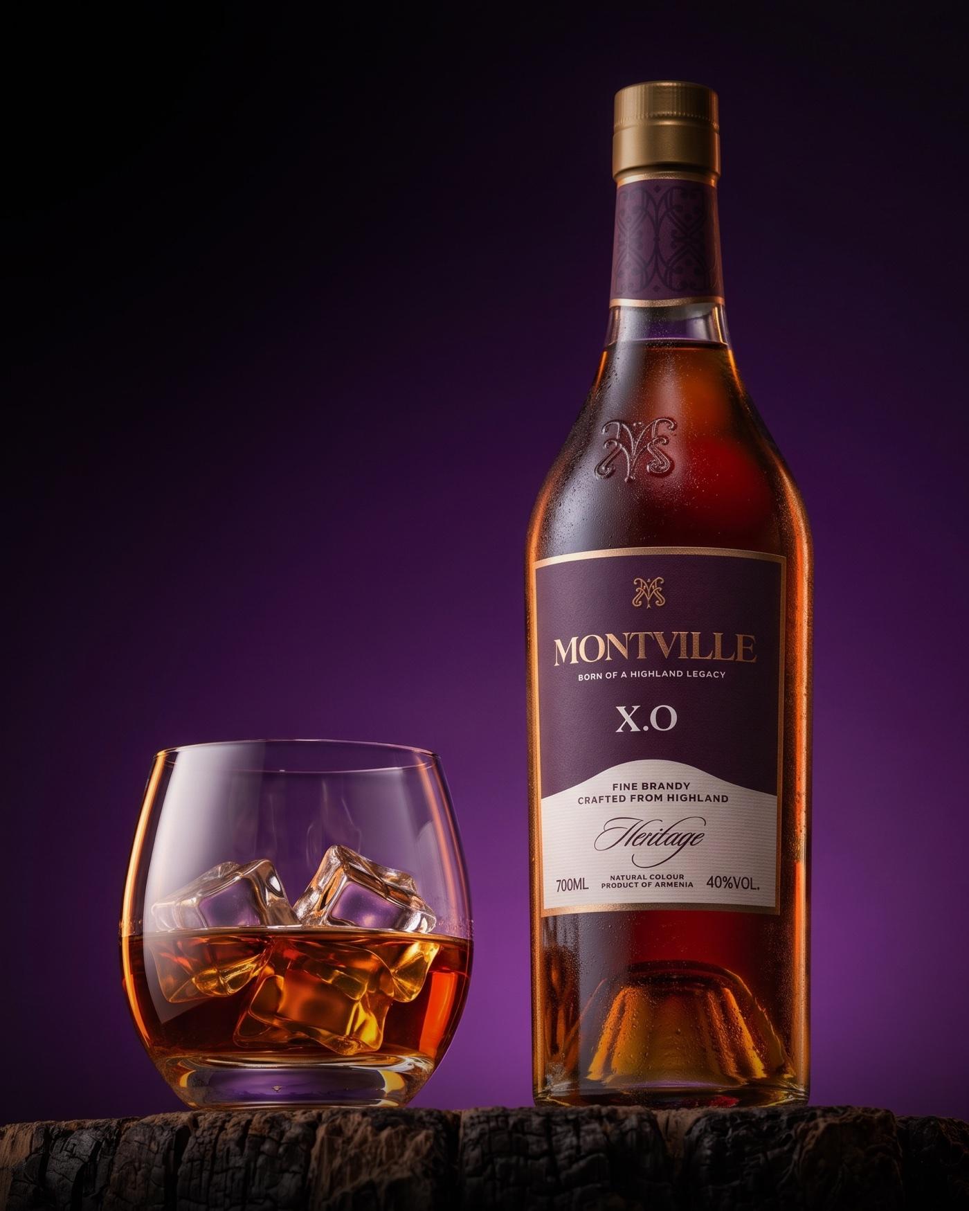 Montville X.O lit against a plum backdrop with a filled tumbler.