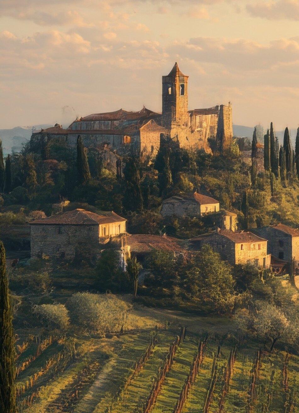 The Montville estate village on its hilltop above the vineyards.