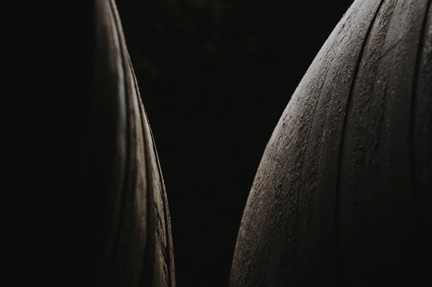 The curve of two aging barrels emerging from cellar darkness.
