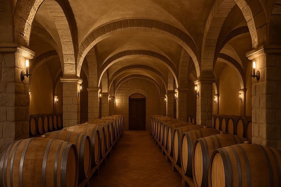 Lantern-lit vaulted cellar corridor lined with maturing barrels.