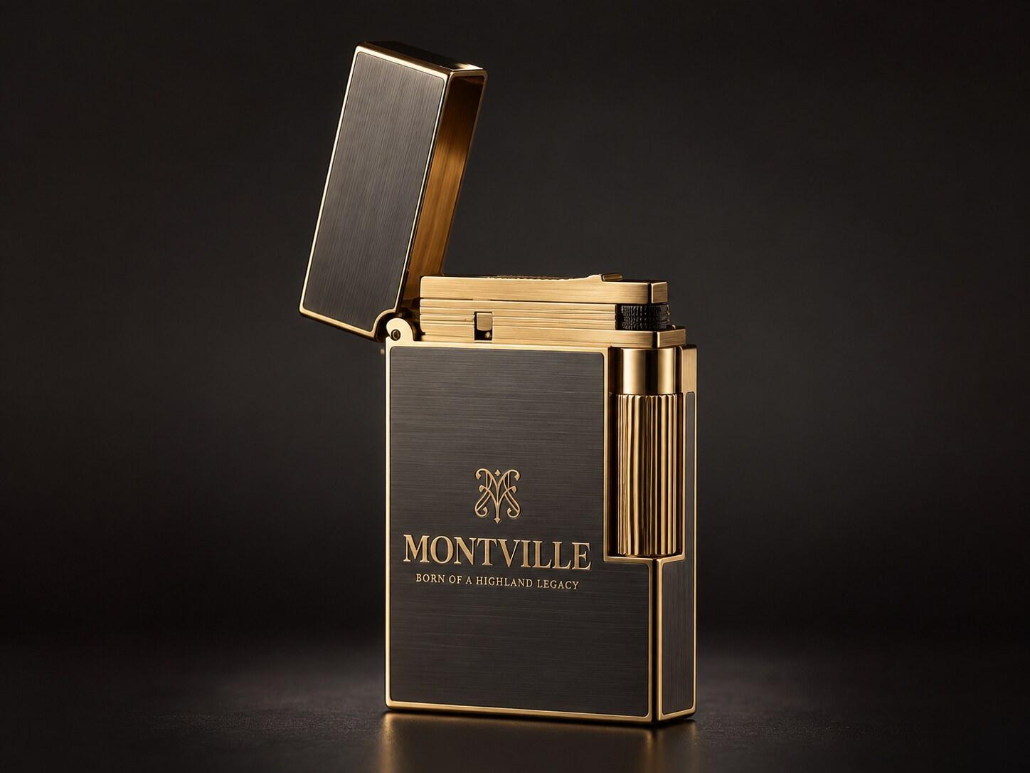 A Montville table lighter in brushed gunmetal and gold, standing open against black.