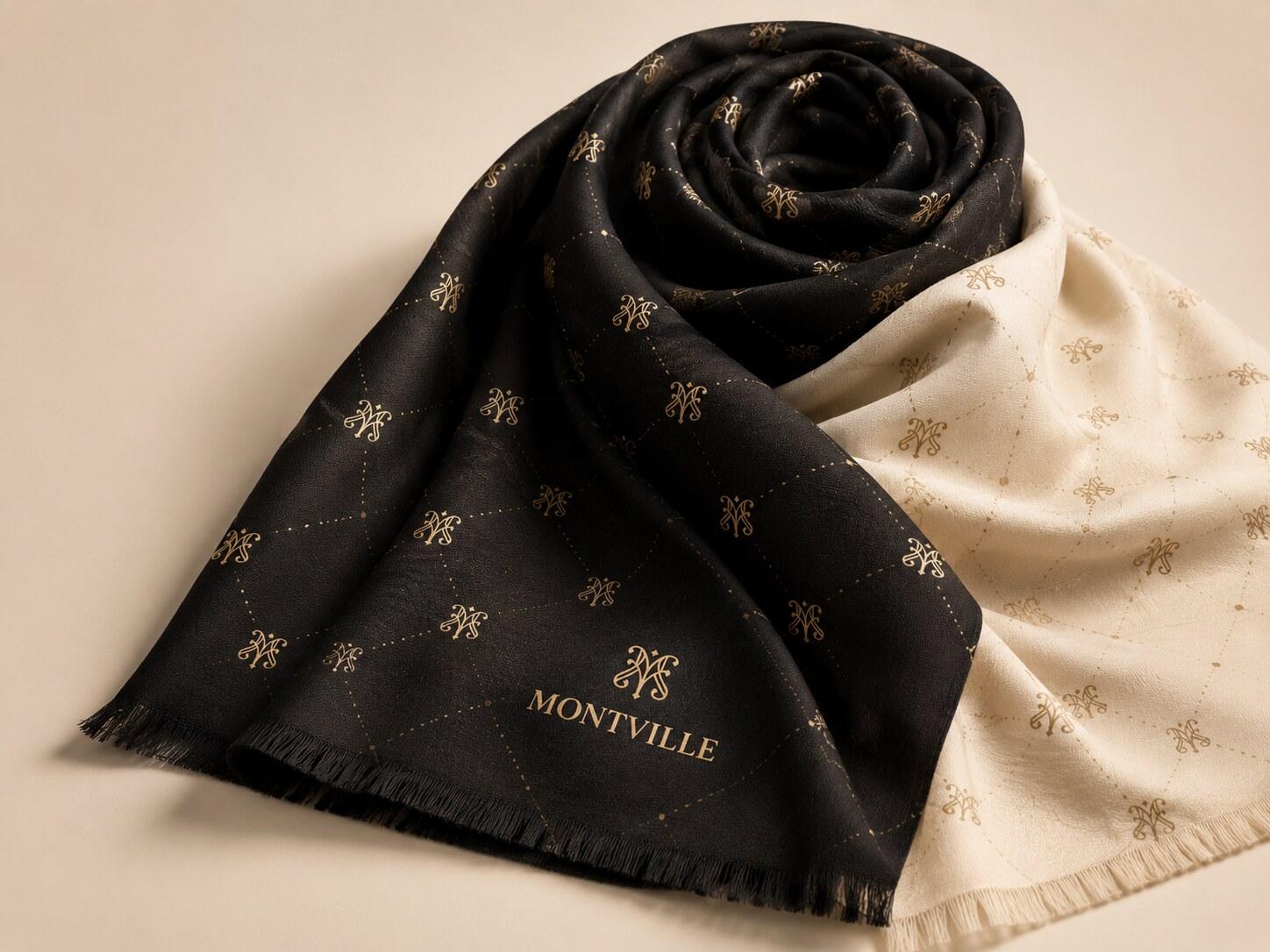 A Montville silk scarf in black and cream, patterned with the gold monogram lattice, folded on a cream ground.